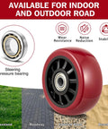 5 Inch Caster Wheels 4 Pack Double Swivel Bearings With Non Marking Poly Tread tough wheels shown on various surfaces with inner bearing detail.
