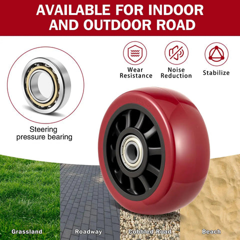5 Inch Caster Wheels 4 Pack Double Swivel Bearings With Non Marking Poly Tread tough wheels shown on various surfaces with inner bearing detail.