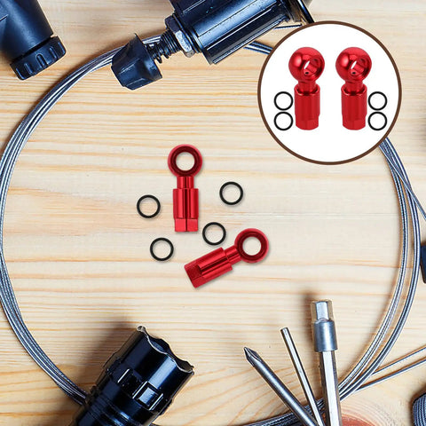 Top Aluminum Alloy Hydraulic Hose Fittings And A Pair Quick Connect Couplers For Bike Disc Brakes Gives Tight Seam Fit With A Dope Red Finish For Super Reliable Braking Grip And Sick Style That Keeps Everything Fresh For Riding Like A Boss Anytime. red alloy bike hydraulic brake hose connectors with seals and tools