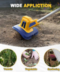 Cordless Garden Tiller Cultivator With 20V Battery, 270 RPM Rototiller in use on soil, highlighting wide application for gardening.