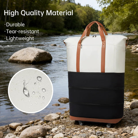Seyfocnia travel duffle bag with wheels, front view, beige top, black base, brown handles, water-resistant fabric.