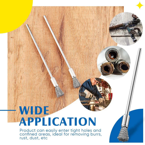 Tear Through Rust And Peeling Paint With This Heavy Duty Ten Pack Stainless Steel Wire Pen Brush, showing two 3mm shank brushes.