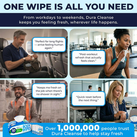 No Rinse Bath Wipes For Adults XL Thick Cleansing Wipes Bundle images with diverse use situations in flight, gym, construction, and office