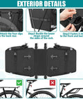 Instructional graphic showing how to attach 50L Expandable Rear Rack Bike Bag with rain cover to a bike for commuting use.