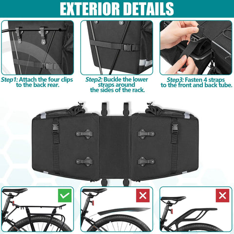 Instructional graphic showing how to attach 50L Expandable Rear Rack Bike Bag with rain cover to a bike for commuting use.