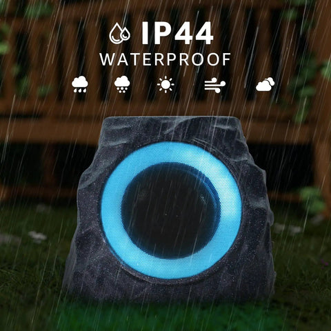 Front view of Two Pack Solar Powered Rock Speakers With Lit RGB Lights IP44 Water Resistant for Patio