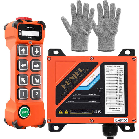 Wireless Crane Remote Control With Dual Speed 8 Channel Button Industrial Controller, transmitter, receiver, and gloves shown