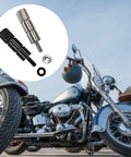 Heavy Duty Stainless Steel Extended Seat Bolts For Harley Davidson Touring Models with knurled handles and rubber washers.
