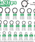 DIY Ready Snap Ring Kit with 21 different sizes of C-clips, including measurements for each size, detailed view.