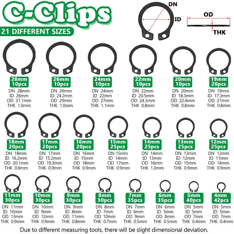 DIY Ready Snap Ring Kit with 21 different sizes of C-clips, including measurements for each size, detailed view.