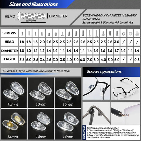 Chart showing sizes and illustrations of screws and nose pads for Grab And Go Magnetic Eyeglass And Sunglass Repair Kit