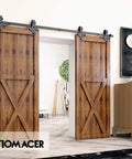 Black Rustic Non Bypass Sliding Barn Door Hardware Kit For Two Doors With 14ft Flat Track And Diamond Design Rollers visible