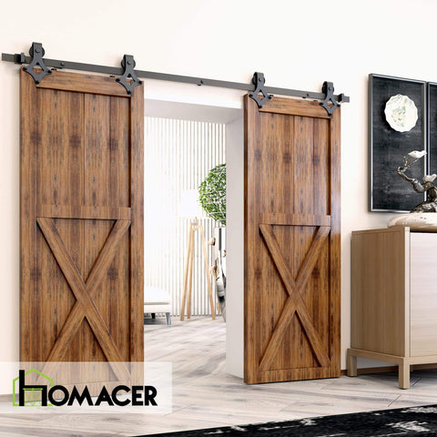 Black Rustic Non Bypass Sliding Barn Door Hardware Kit For Two Doors With A 15 Foot Flat Track Diamond Design Rollers installed
