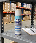 Zerodeko Pavement Striping Paint, Reflective Night Road Visibility Spray can on a metal shelf in a warehouse.