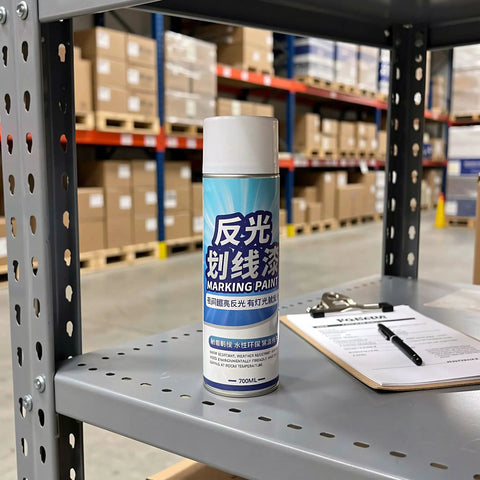 Zerodeko Pavement Striping Paint, Reflective Night Road Visibility Spray can on a metal shelf in a warehouse.