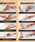 Pro Grade 4 Pack 2 Inch Ratchet Straps Heavy Duty Tie Down Ratcheting With J Hook and Reinforced Steel Wire Clips installation and disassembly guide.