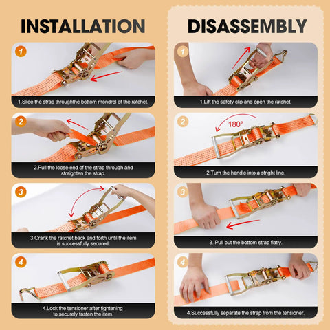 Pro Grade 4 Pack 2 Inch Ratchet Straps Heavy Duty Tie Down Ratcheting With J Hook and Reinforced Steel Wire Clips installation and disassembly guide.