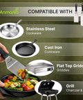 Person using a stainless steel spatula to cook vegetables in a cast iron skillet with compatibility icons for different cookware types.