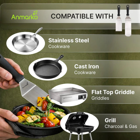 Person using a stainless steel spatula to cook vegetables in a cast iron skillet with compatibility icons for different cookware types.