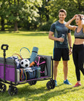 Lightweight Foldable Wagon Cart With Removable Side for Groceries Pets Camping Beach Shopping in purple loaded with sports gear