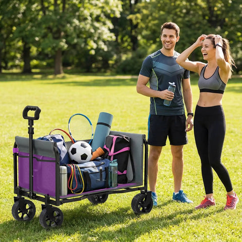 Lightweight Foldable Wagon Cart With Removable Side for Groceries Pets Camping Beach Shopping in purple loaded with sports gear