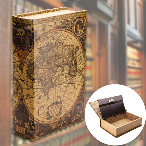 Antique Map Book Safe With Key Lock And Hidden Diversion Magnetic Closure Stash Ready Steel Compartment For Cash Jewelry Valuables Discreet On Shelf Security Safe For Home Or Office showing exterior map design and open compartment inset