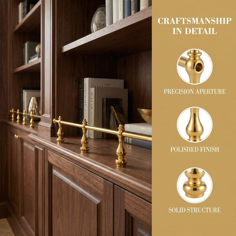 Mini Shelf Guard Rail Brackets Set for Glass Shelves and Mobile Carts Heavy Duty Metal Post Fittings in Gold Finish 12 Pack on bookcase