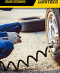 Slick 9.8 Ft Recoil Air Hose Extension With Clip On Chuck And Presta Valve Connector For Air Compressor Tire Inflator Pump Setup in use on car tire