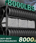 Heavy Duty Garage Storage Shelves With 8000 Lbs Capacity 79 Inch Wide Four Tier Industrial Metal Shelving loaded with tires