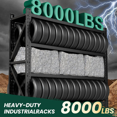 Heavy Duty Garage Storage Shelves With 8000 Lbs Capacity 79 Inch Wide Four Tier Industrial Metal Shelving loaded with tires