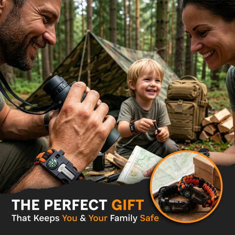 Family camping with Tactical Paracord Compass Survival Bracelet Set With Fire Starter Kit And Whistle, in forest setting