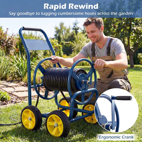 Man using navy blue must have heavy duty garden hose reel cart with four solid wheels mobile water hose cart that holds up to 330 ft of 5/8 inch hoses durable metal frame easy maneuver for lawn and backyard