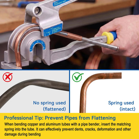 Sugoee 3 In 1 Tube Bender For Copper Brass Aluminum Pipes demonstrating proper bending technique with spring to prevent flattening.