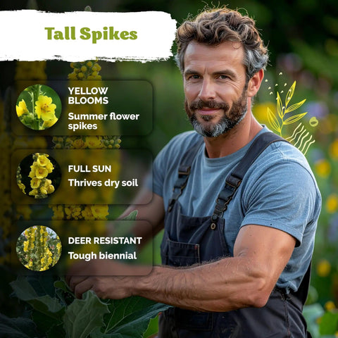 Gardener showcasing mullein plant with details: yellow blooms, thrives in full sun, deer resistant, beside him in a garden.