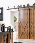 Black Rustic Double Track U Shape Bypass Sliding Barn Door Hardware Kit For Two Doors 10 Foot Flat Track With Spoke Wheel Rollers