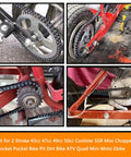 Close-up of T8F Drive Chain 134 Links With Chain Breaker Kit installed on a mini dirt bike sprocket and frame.