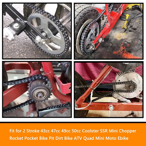 Close-up of T8F Drive Chain 134 Links With Chain Breaker Kit installed on a mini dirt bike sprocket and frame.