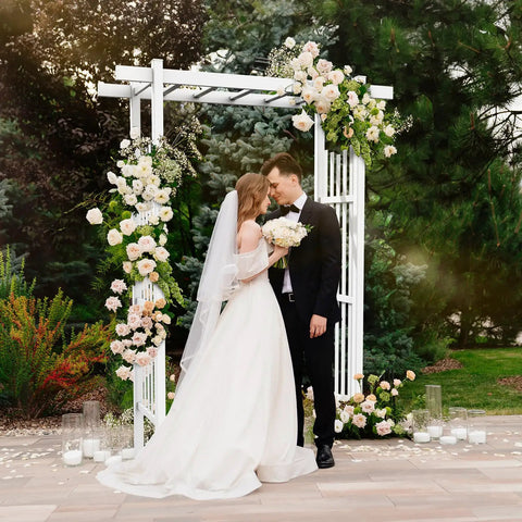 White PVC Garden Arbor Wedding Arch For Ceremony And Party Outdoor Garden Trellis Backdrop Stand For Climbing Plants Backyard Lawn Decor Vibes For DIY Weddings And Events with floral decorations
