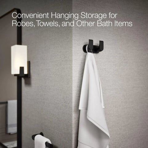 Matte Black Avid Double Robe Hook for towel and robe storage on bathroom wall with modern bath hardware, easy install.