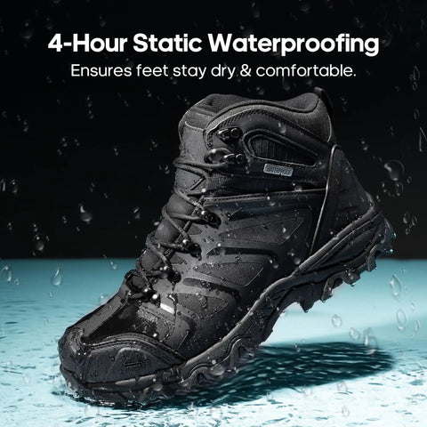 All Black Steel Toe Waterproof Work Boots For Men With Rugged Construction Durable Toe Cap ASTM 2413 18 Safety Rating And Slip Resistant Sole