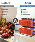 Before and after organization of life jackets on Heavy Duty Steel Water Sports Gear Rack For Life Jackets Helmets And Rescue Buoy Wall Mount Outdoor Marine Dock Setup Built Like A Tank No Fuss Organizer For Your Top Shelf Safety Kit.