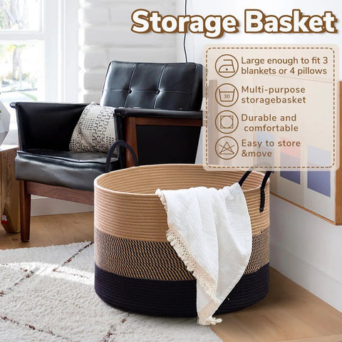 XXXLarge Woven Rope Basket for Blankets and Pillows with Long Handles in living room setting.