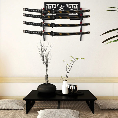 Katana Holder Wall Mount Sword Stand For Samurai And Wakizashi Display 4 Tier Black Rack Hanger With Felt Protection Strips
