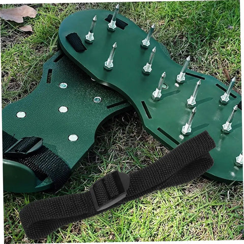 Lawn Aerator Shoes Set With 16 Pcs Heavy Duty Spikes For Soil Loosening Easy Assembly Garden Sandals on grass.