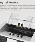 Close-up of Safescan 2985-SX, a bank grade money counter showing maintenance features for easy cleaning.