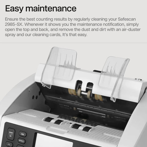 Close-up of Safescan 2985-SX, a bank grade money counter showing maintenance features for easy cleaning.