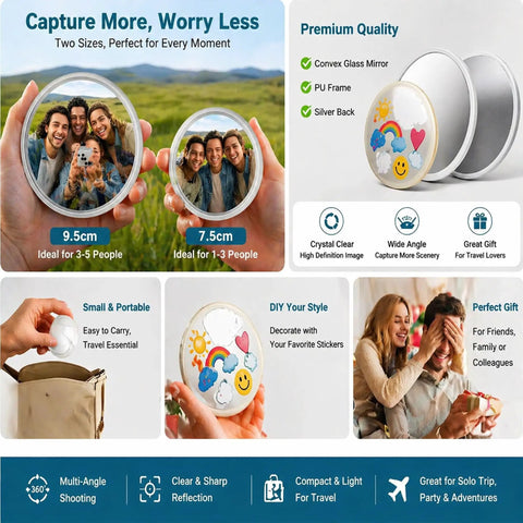 Handheld Convex Mirror Set Portable Shatter Resistant Lens for wide angle photos, 7.5cm and 9.5cm, ideal for easy travel.