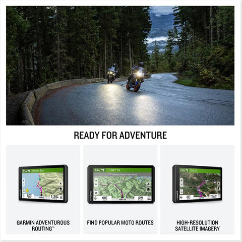 Two motorcyclists on a winding forest road using XT3 6 Inch Rugged Motorcycle GPS With Lean Angles And Group Rides.