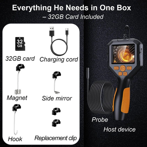 Unique Tech Gift For Men HD Borescope Camera With Light Flexible Inspection Tool For Home DIY Auto Projects And Gadgets Lovers Ideal Gift For Husband Dad Or Teen Tech Enthusiast And Collectors Of Dope Gadgets. 32GB card, probe and accessories shown