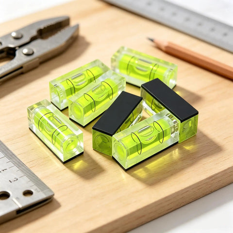 Magnetic Small Bubble Levels, multifunctional folding spirit level on wooden surface with tools and pencil.